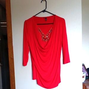 Elegant Red Women's Top with Embellished Neckline